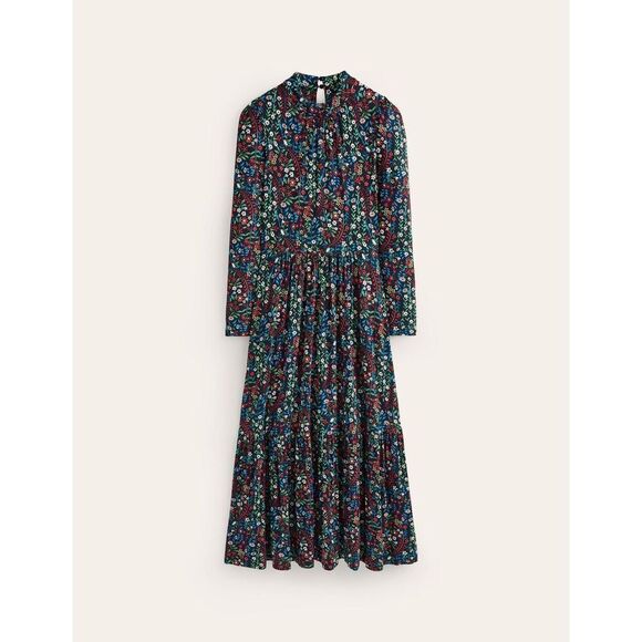 Boden High Neck Tiered Jersey Dress size 8  Navy Green Ditsy Floral Foliage Bud - Picture 1 of 12